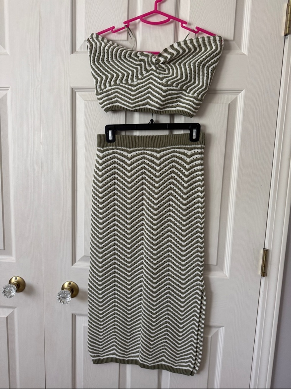 Chevron Knit Midi Skirt in Olive and White